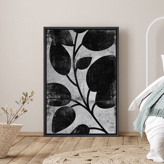 PixonSign Framed Canvas Print Wall Art Faded Leaf Silhouette Nature Wilderness Illustrations Modern Art Contemporary Dramatic Dark Black and White for Living Room, Bedroom, Office - 16"x24" Black