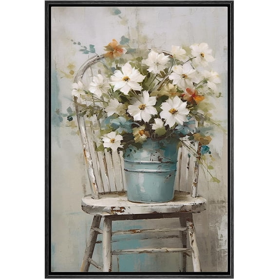 PixonSign Framed Canvas Print Wall Art Fine Art Still Life White Daisy Flowers Nature Wilderness Illustrations Modern Art Botanical Floral Farmhouse/Country Relax/Calm/Cozy - 16"x24" Black