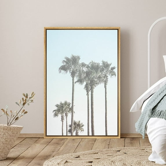PixonSign Framed Canvas Print Wall Art Five Palm Trees Against The Blue Sky Nature Ocean Photography Realism Modern Scenic Colorful Green Cool for Living Room, Bedroom, Office - 16"x24" Natural