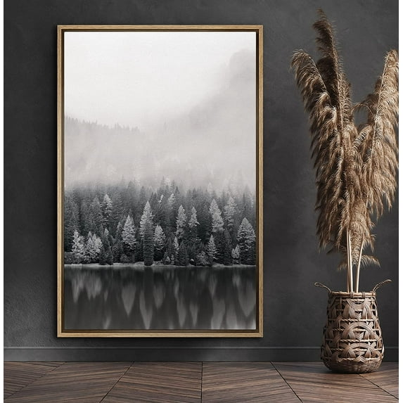 PixonSign Framed Canvas Print Wall Art Forest & Lake Reflection Nature Wilderness Photography Realism Contemporary Scenic Dark Black and White for Living Room, Bedroom, Office - 24x36 Natural