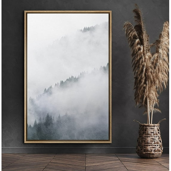 PixonSign Framed Canvas Print Wall Art Forest Shrouded by Mist Nature Wilderness Photography Realism Contemporary Scenic Dark Black and White for Living Room, Bedroom, Office - 24x36 Natural