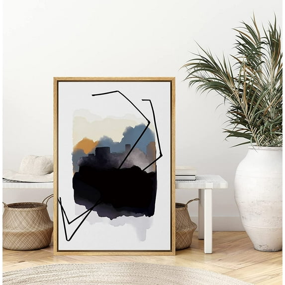 PixonSign Framed Canvas Print Wall Art Geometric Black and Blue Ink Spot Abstract Shapes Illustrations Modern Art Minimalist Multicolor Pastel for Living Room, Bedroom, Office - 16"x24" Natural