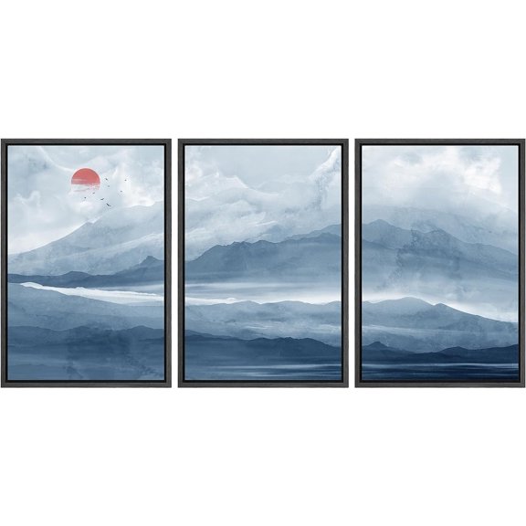 PixonSign Framed Canvas Print Wall Art Geometric Blue Snowy Mountain Landscape Abstract Shapes Illustrations Mid-Century Modern Minimalism Scenic Relax Multicolor Zen - 24"x36"x3 Black