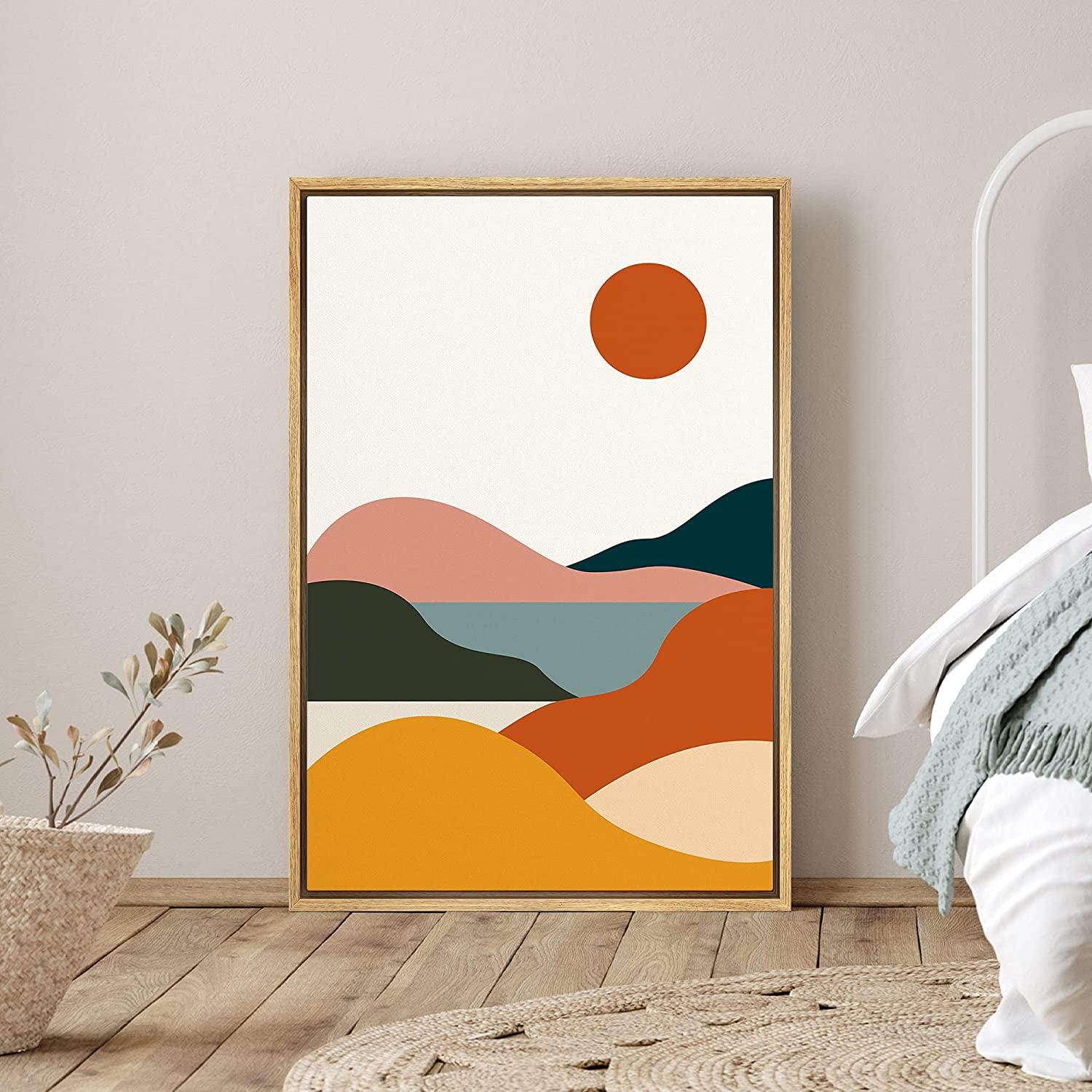 PixonSign Framed Canvas Print Wall Art Geometric Landscape and Sun Abstract  Wildlife Illustrations Modern Art Rustic Scenic Colorful Multicolor Boho  Decor for Living Room, Bedroom - 16x24 Natural 