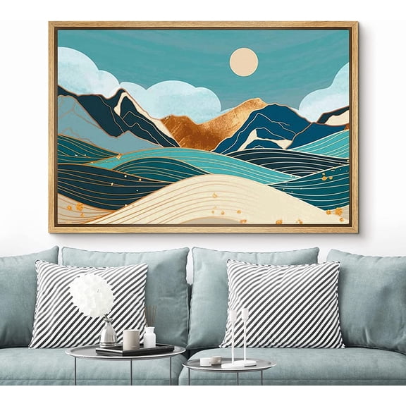 PixonSign Framed Canvas Print Wall Art Geometric Marble Pastel Mountain Range Sky & Sea Print Nature Wilderness Illustrations Modern Art Zen Landscape Artwork for Bedroom - 16"x24" Natural