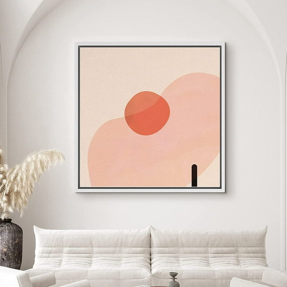 PixonSign Framed Canvas Print Wall Art Geometric Mid-Century Orange and Pink Shapes Abstract Circle Illustrations Modern Art Relax/Calm Warm for Living Room, Bedroom, Office - 16"x16" White