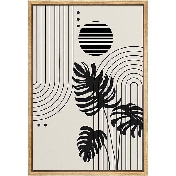 PixonSign Framed Canvas Print Wall Art Geometric Striped Polygon Tropical Palm Leaf Abstract Shapes Illustrations Modern Art Boho Decorative Chic for Living Room, Bedroom, Office - 24"x36" NATURAL
