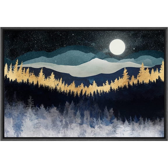 PixonSign Framed Canvas Print Wall Art Gold Blue Moonlight Mountain Forest Nature Wilderness Illustrations Modern Art Rustic Zen Landscape Colorful - 16"x24" Black