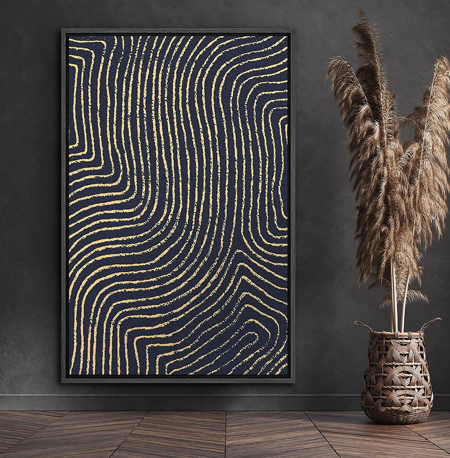PixonSign Framed Canvas Print Wall Art Gold and Blue Swirling Print Geometric Shapes Illustrations Modern Art Minimalist Dramatic Multicolor for Living Room, Bedroom, Office - 24"x36" Black