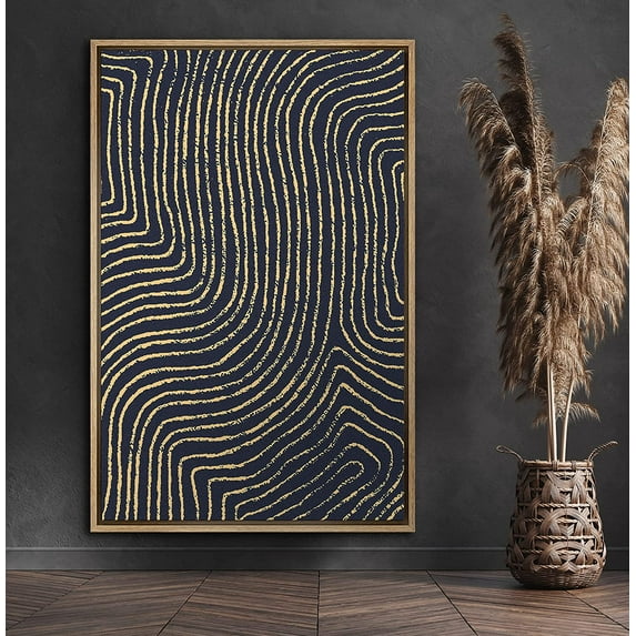 PixonSign Framed Canvas Print Wall Art Gold and Blue Swirling Print Geometric Shapes Illustrations Modern Art Minimalist Dramatic Multicolor for Living Room, Bedroom, Office - 16"x24" Natural