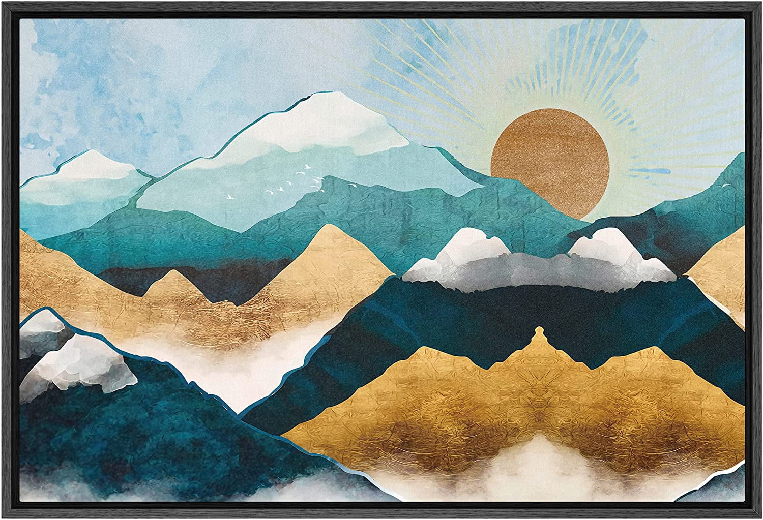 PixonSign Framed Canvas Print Wall Art Gold Teal Marble Sun Mountain ...