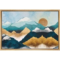 PixonSign Framed Canvas Print Wall Art Gold Teal Marble Sun Mountain Range Nature Wilderness Illustrations Modern Art Rustic Zen Landscape Colorful - 16"x24" Natural