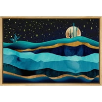 PixonSign Framed Canvas Print Wall Art Gold Teal Moon Marble Mountain Range Nature Wilderness Illustrations Modern Art Rustic Zen Landscape Colorful - 16"x24" Natural