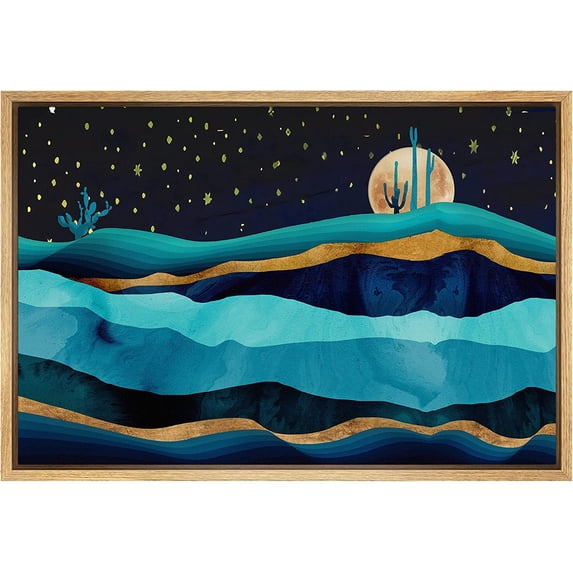 PixonSign Framed Canvas Print Wall Art Gold Teal Moon Marble Mountain Range Nature Wilderness Illustrations Modern Art Rustic Zen Landscape Colorful - 16"x24" Natural