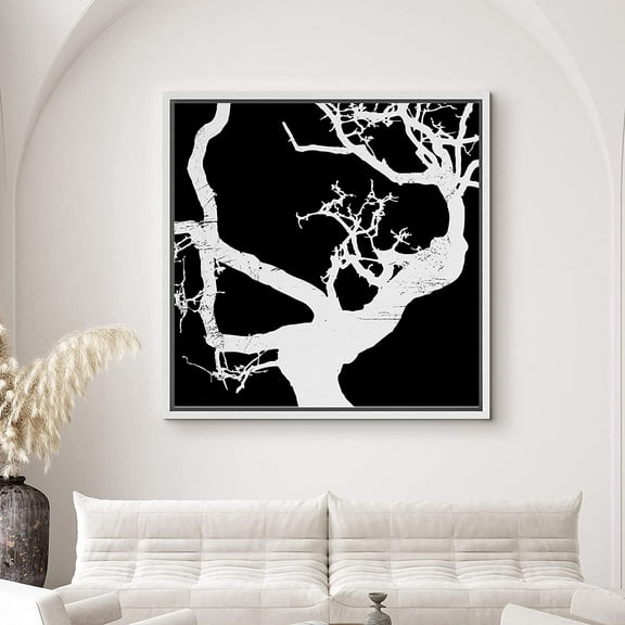 PixonSign Framed Canvas Print Wall Art Gray Tree Branches on Black Background Nature Wilderness Illustrations Modern Art Edgy Dark Black and White for Living Room, Bedroom, Office - 24"x24" White