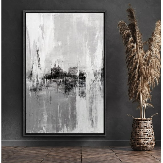PixonSign Framed Canvas Print Wall Art Gray and White Long Brushstrokes Abstract Shapes Illustrations Minimalism Alternative Edgy Dark for Living Room, Bedroom, Office - 24"x36" Black