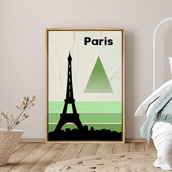PixonSign Framed Canvas Print Wall Art Green Eiffel Tower Paris Silhouette Scenic Cities Digital Art Modern Art Contemporary Landscape Fun Ultra for Living Room, Bedroom, Office - 24"x36" Natural