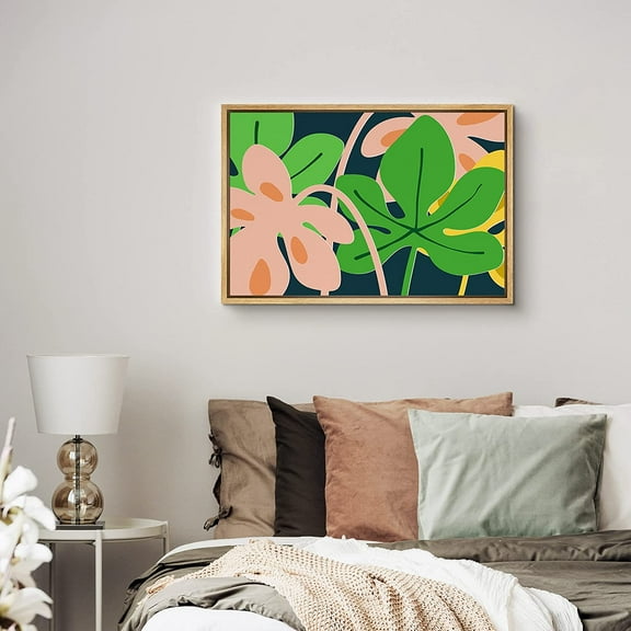 PixonSign Framed Canvas Print Wall Art Green & Pink Leaves Botanical Wilderness Illustrations Modern Art Chic Colorful Multicolor Pastel for Living Room, Bedroom, Office - 24"x36" Natural