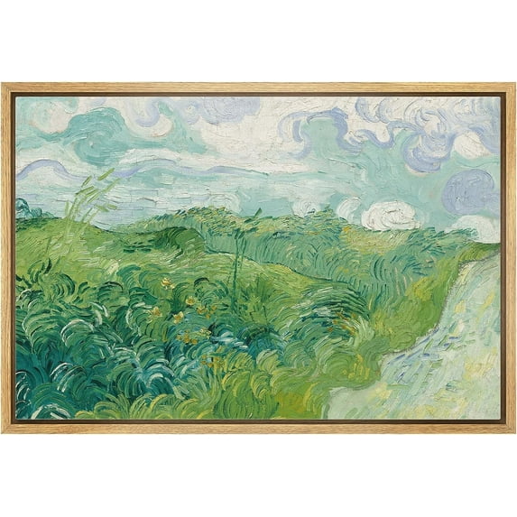 PixonSign Framed Canvas Print Wall Art Green Wheat Fields by Vincent Van Gogh Nature Wilderness Illustrations Modern Art Decorative Floral Botanical Minimal Calm/Relax/Cozy Fine Art - 24"x36" Natural
