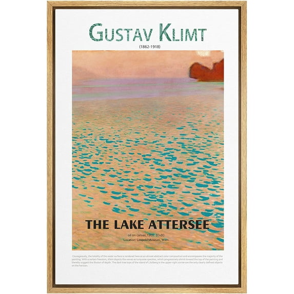 PixonSign Framed Canvas Print Wall Art Gustav Klimt Pastel Watercolor The Lake Attersee Classic Vintage Illustrations Fine Art Decorative Multicolor for Living Room, Bedroom, Office - 24"x36" NATURAL