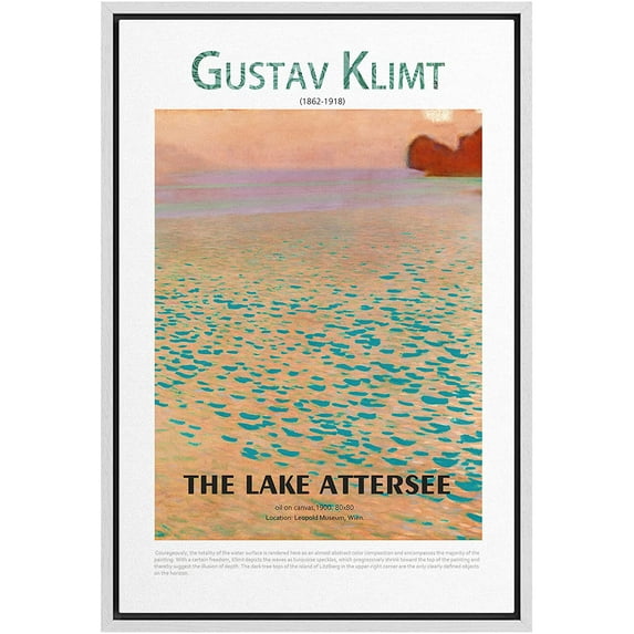 PixonSign Framed Canvas Print Wall Art Gustav Klimt Pastel Watercolor The Lake Attersee Classic Vintage Illustrations Fine Art Decorative Multicolor for Living Room, Bedroom, Office - 16"x24" WHITE