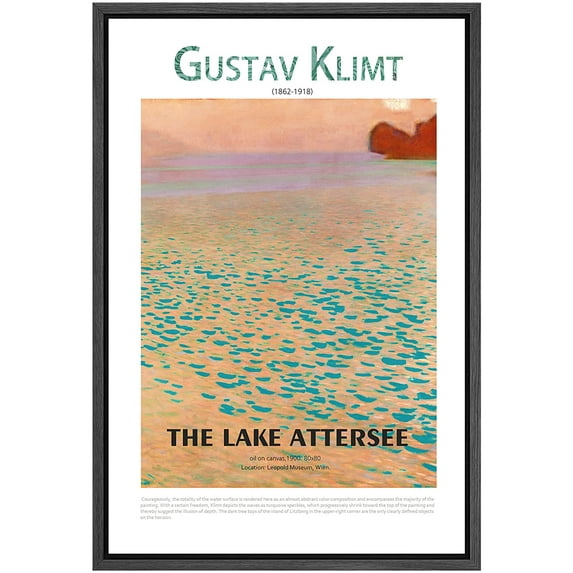 PixonSign Framed Canvas Print Wall Art Gustav Klimt Pastel Watercolor The Lake Attersee Classic Vintage Illustrations Fine Art Decorative Multicolor for Living Room, Bedroom, Office - 24"x36" BLACK