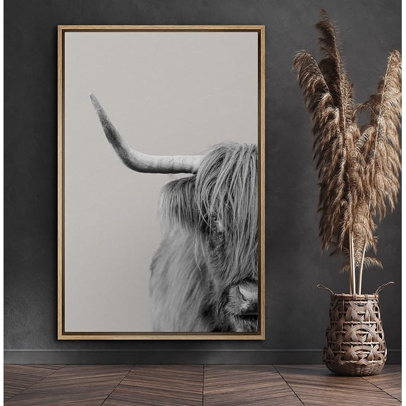 PixonSign Framed Canvas Print Wall Art Half of Shetland Cow Animals Wilderness Photography Realism Farmhouse/Country Portrait Relax/Calm Duotone for Living Room, Bedroom, Office - 16"x24" Natural