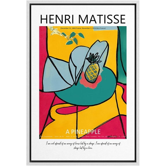 PixonSign Framed Canvas Print Wall Art Henri Matisse Pineapple Geometric Watercolor Classic Vintage Illustrations Fine Art Decorative Multicolor for Living Room, Bedroom, Office - 24"x36" WHITE