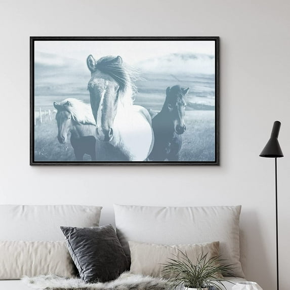 PixonSign Framed Canvas Print Wall Art Horse Trio in The Valley Animals Wilderness Illustrations Modern Art Rustic Relax/Calm Blue Duotone for Living Room, Bedroom, Office - 16"x24" Black