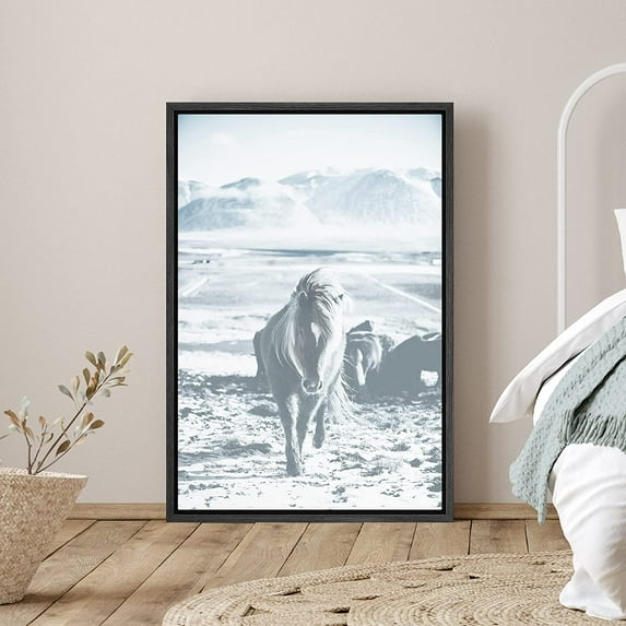 PixonSign Framed Canvas Print Wall Art Horse Walks in Desert Canyon Animals Wildlife Photography Modern Art Farmhouse/Country Ultra Blue and White for Living Room, Bedroom, Office - 24"x36" Black
