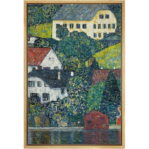 PixonSign Framed Canvas Print Wall Art Houses at Unterach by Gustav Klimt Nature Wilderness Illustrations Retro Decorative Floral Botanical Minimal Calm/Relax/Cozy Fine Art - 16"x24" Natural