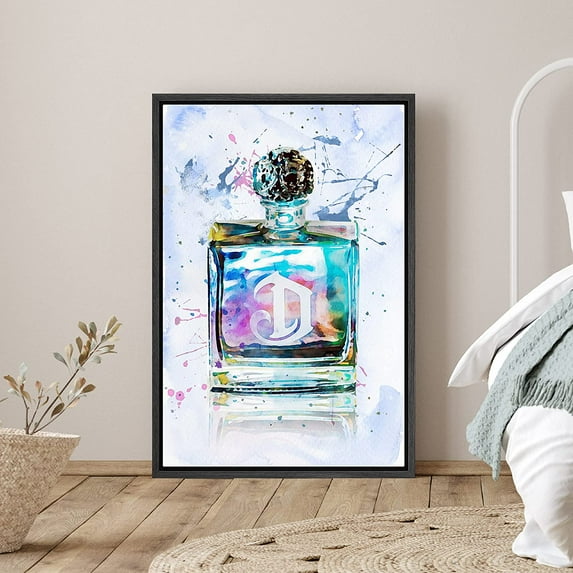 PixonSign Framed Canvas Print Wall Art Inkblot Blue and Purple Perfume Bottle Decorative Brushstroke Illustrations Modern Art Glam Multicolor Ultra for Living Room, Bedroom, Office - 24"x36" Black