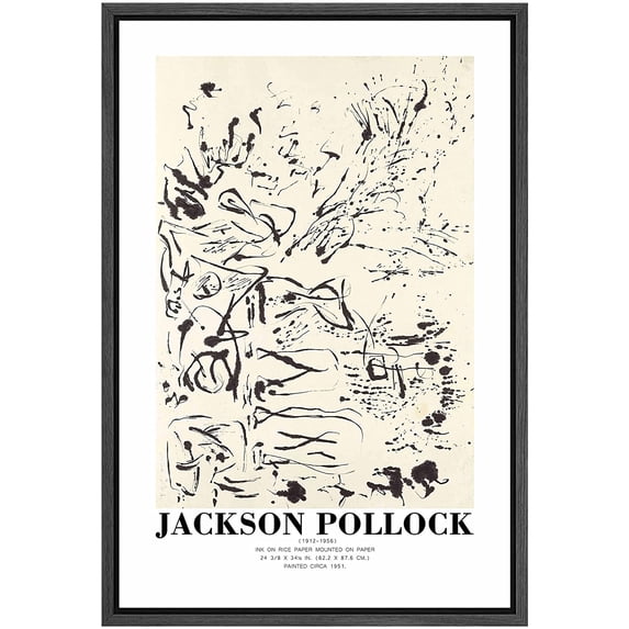 PixonSign Framed Canvas Print Wall Art Jackson Pollock Ink Rice Paper Sketch Abstract Shapes Illustrations Fine Art Decorative Minimalist Relax/Calm for Living Room, Bedroom, Office - 16"x24" Black