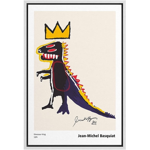 PixonSign Framed Canvas Print Wall Art Jean-Michel Basquiat Dinosaur King Animals Fantasy Illustrations Fine Art Rustic Scenic Relax/Calm Colorful for Living Room, Bedroom, Office - 24"x36" White