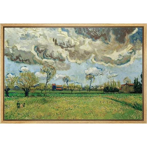 PixonSign Framed Canvas Print Wall Art Landscape Under A Stormy Sky by Vincent Van Gogh Nature Wilderness Illustrations Decorative Floral Botanical Calm/Relax/Cozy Fine Art - 16"x24" Natural