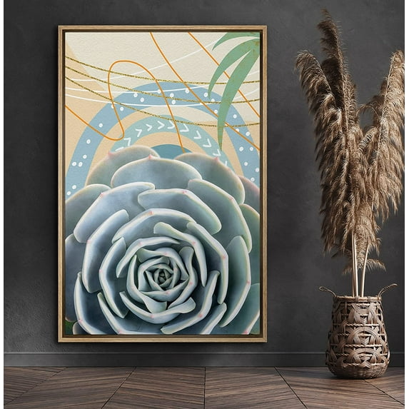 PixonSign Framed Canvas Print Wall Art Lily Pad Succulent by Blue Circles Botanical Wilderness Mixed Media Modern Art Chic Colorful Multicolor Pastel for Living Room, Bedroom, Office - 16"x24" Natural