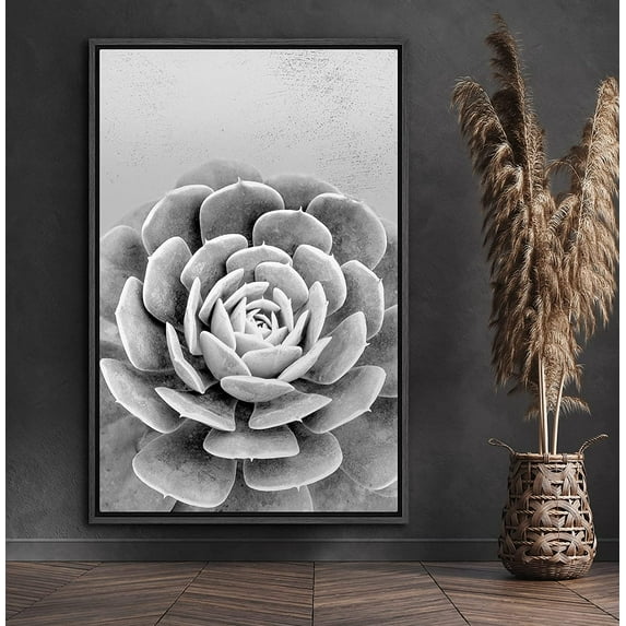 PixonSign Framed Canvas Print Wall Art Lily Pad Succulent Close-Up Floral Wilderness Illustrations Modern Art Rustic Relax/Calm Black and White for Living Room, Bedroom, Office - 24"x36" Black