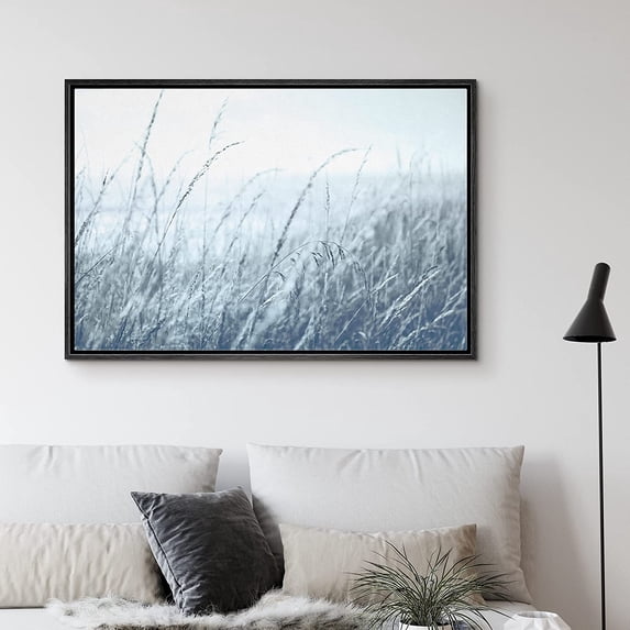 PixonSign Framed Canvas Print Wall Art Lonely Country Field Animals Wilderness Illustrations Modern Art Rustic Relax/Calm Blue Duotone for Living Room, Bedroom, Office - 24"x36" Black