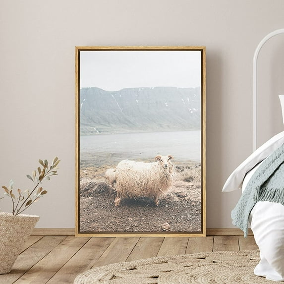 PixonSign Framed Canvas Print Wall Art Long Wool Sheep in Desert Canyon Nature Wilderness Photography Realism Contemporary Landscape Colorful Pastel for Living Room, Bedroom, Office - 16"x24" Natural
