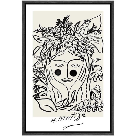 PixonSign Framed Canvas Print Wall Art Matisse Floral Nature Woman Portrait Abstract Shapes Illustrations Modern Art Decorative Minimal Relax/Calm for Living Room, Bedroom, Office - 16"x24" BLACK