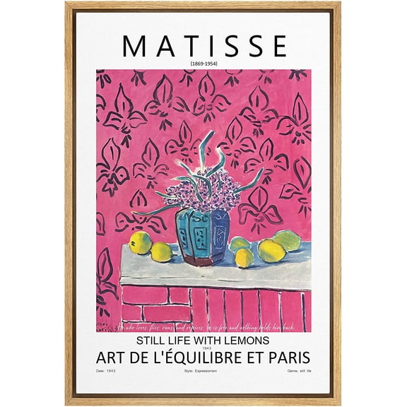 PixonSign Framed Canvas Print Wall Art Matisse Still Life with Lemons Nature Wilderness Illustrations Fine Art Rustic Scenic Relax/Calm Colorful for Living Room, Bedroom, Office - 16"x24" Natural