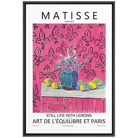 PixonSign Framed Canvas Print Wall Art Matisse Still Life with Lemons Nature Wilderness Illustrations Fine Art Rustic Scenic Relax/Calm Colorful for Living Room, Bedroom, Office - 24"x36" Black