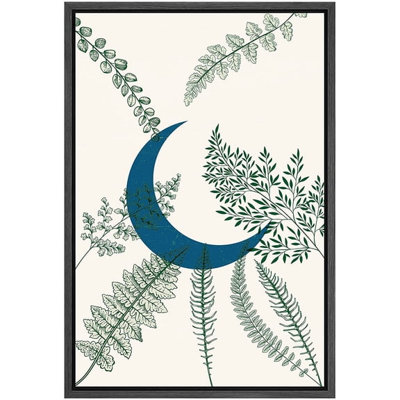 PixonSign Framed Canvas Print Wall Art Mid-Century Floral Botanical Plant Crescent Moon Abstract Shapes Illustrations Modern Art Decorative Minimal for Living Room, Bedroom, Office - 24"x36" Black