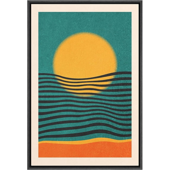 PixonSign Framed Canvas Print Wall Art Mid-Century Modern Geometric Sun Line Pattern Abstract Shapes Modern Art Illustrations Boho Style Decorative Colorful Multicolor - 16"x24" Black