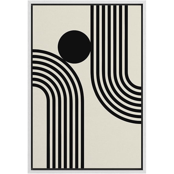 PixonSign Framed Canvas Print Wall Art Mid-Century Stripe Wave Dark Circle Landscape Abstract Shapes Illustrations Modern Art Boho Decorative Chic for Living Room, Bedroom, Office - 16"x24" WHITE