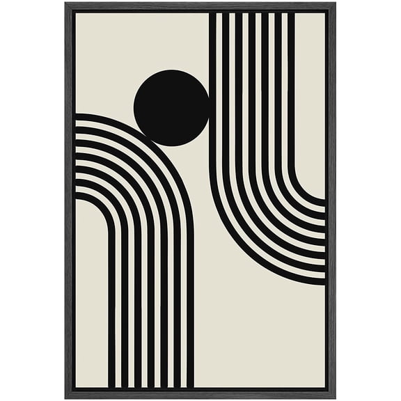 PixonSign Framed Canvas Print Wall Art Mid-Century Stripe Wave Dark Circle Landscape Abstract Shapes Illustrations Modern Art Boho Decorative Chic for Living Room, Bedroom, Office - 24"x36" BLACK