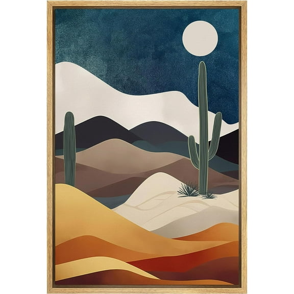 PixonSign Framed Canvas Print Wall Art Midnight Moon Cactus Desert Dune Nature Wilderness Illustrations Decorative Bohemian Rustic Mid-Century Modern Desert Landscape - 16"x24" Natural