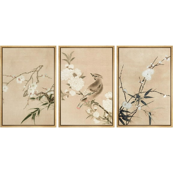 PixonSign Framed Canvas Print Wall Art Minimal Rose Flower Blossom Bird Tree Nature Wilderness Illustrations Modern Art Botanical Floral Farmhouse/Country Relax Multicolor - 16"x24"x3 Natural