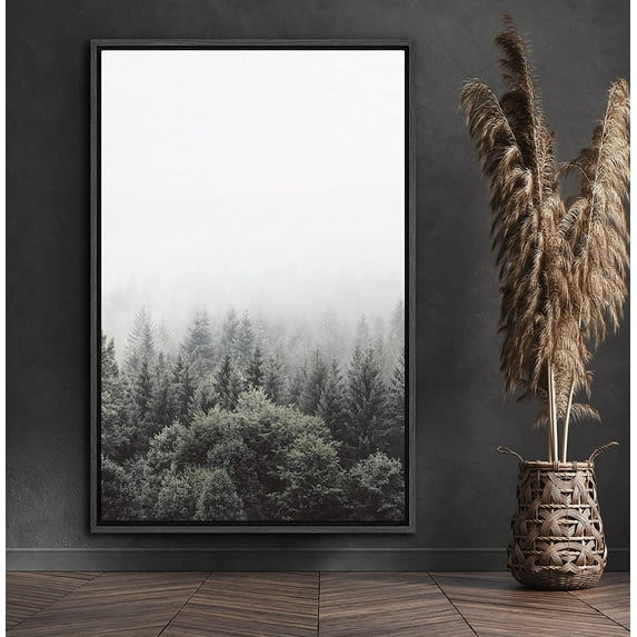 PixonSign Framed Canvas Print Wall Art Mist Falls Over Forest Nature Wilderness Photography Realism Contemporary Scenic Dark Black and White for Living Room, Bedroom, Office - 24x36 Black