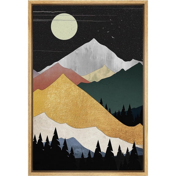 PixonSign Framed Canvas Print Wall Art Moonlight Mountain Range Pine Tree Forest Nature Wilderness Illustrations Decorative Bohemian Multicolor Mid-Century Modern - 16"x24" Natural
